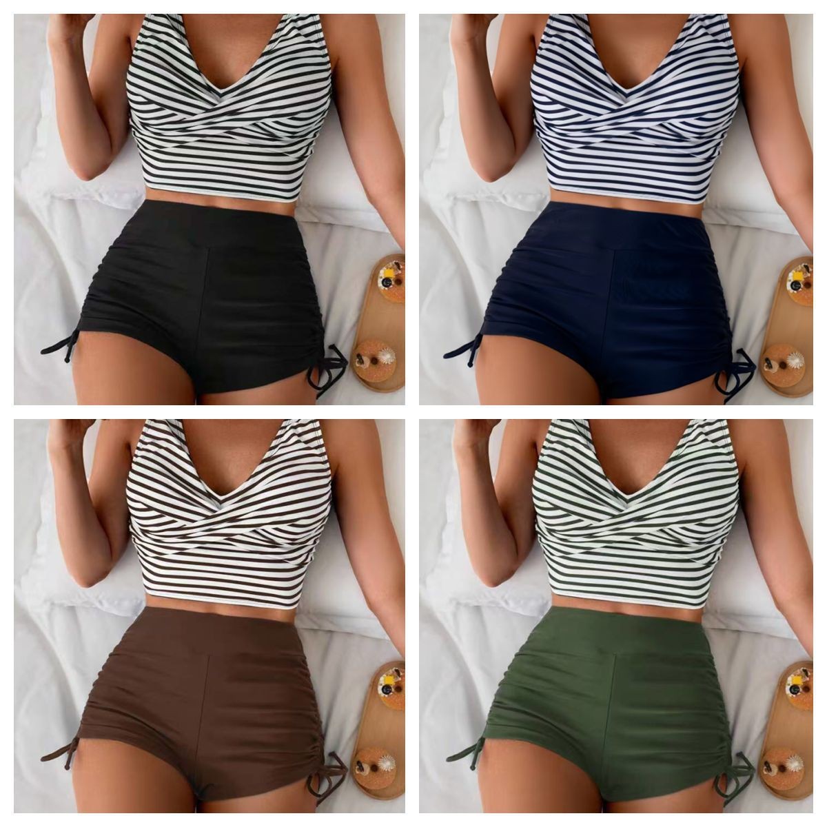Crop Top Women - ชุดว่ายน้ำผู้หญิง บิกินี่ ท็อปครอป กางเกงขาสั้นเอวสูง บิกินี่ลายทาง ชุดว่ายน้ำแบบไขว้หลัง