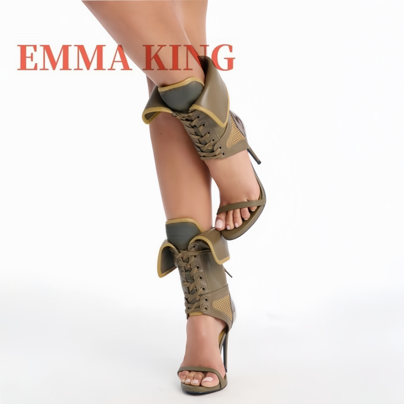 Women'S Fashion Boots - รองเท้าส้นสูงแบบพับได้สีเขียวสำหรับผู้หญิง รองเท้าส้นเข็มแบบตาข่ายเว้า รองเท้าบูทแบบผูกเชือกเปิดนิ้วเท้า รองเท้าแฟชั่นดีไซเนอร์