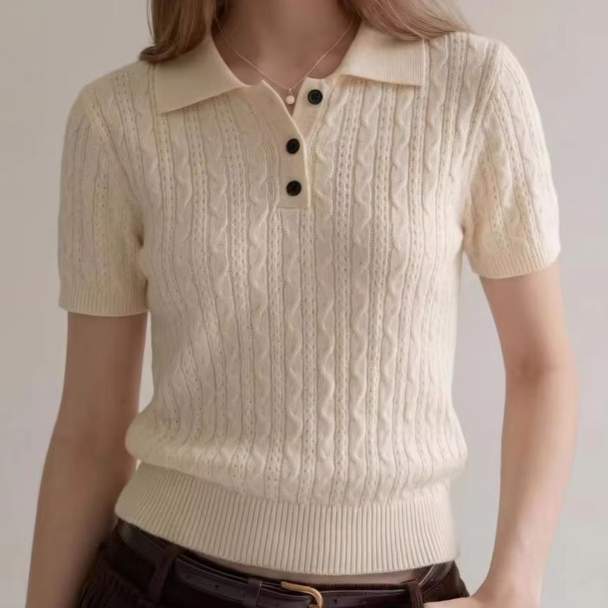 Women Fashion Styles - เสื้อโปโลถักลายเกลียวสไตล์ลำลองแฟชั่นสำหรับผู้หญิง แขนสั้น ทรงเข้ารูป ใส่ได้ทุกโอกาส เหมาะสำหรับฤดูร้อน