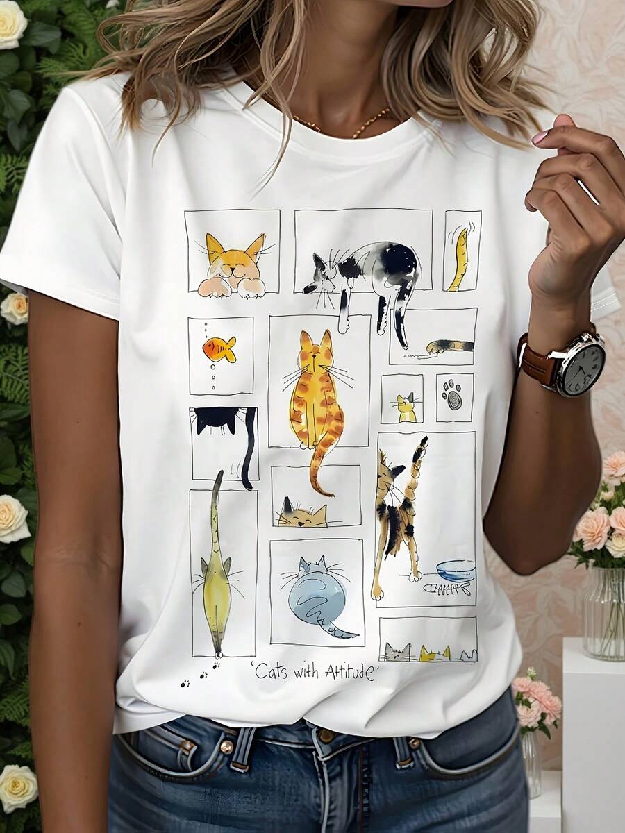 Women Fashion Pose - เสื้อผ้าแฟชั่นใหม่ เสื้อยืดแขนสั้นผ้าฝ้ายแท้เนื้อนุ่มสำหรับผู้หญิง ลายกราฟิกสไตล์วาดมือสดใส ลายแมวหลายตัวในท่าทางตลก โดดเด่นสะดุดตา เหมาะสำหรับใส่ลำลองในชีวิตประจำวัน