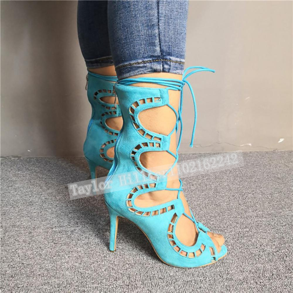 Women'S Fashion Boots - รองเท้าส้นสูงแบบเปิดนิ้วเท้าสีน้ำเงิน สายไขว้ รัดส้น สำหรับผู้หญิง ส้นเข็ม แบบมีซิปด้านหลัง