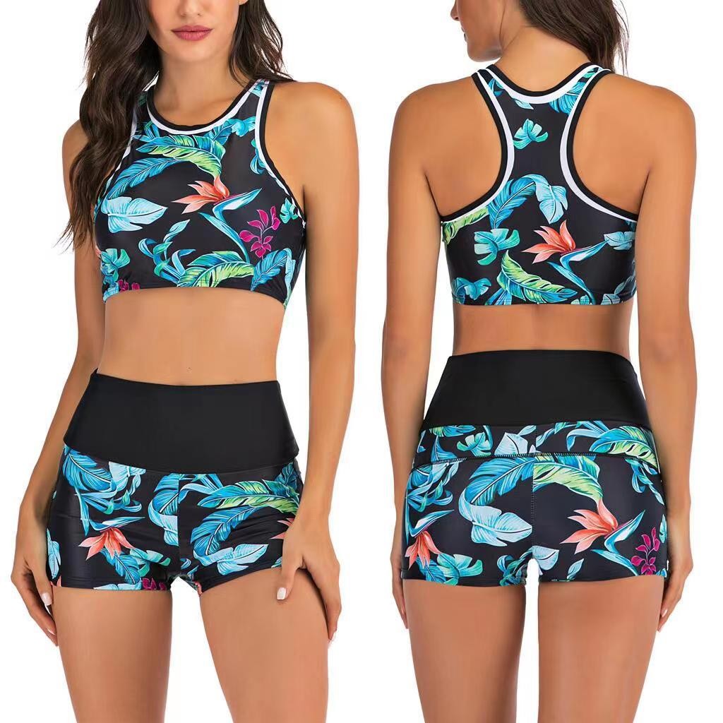Crop Top Women - Y2K บิกินี่ ทังกินี่สำหรับผู้หญิง พร้อมกางเกงขาสั้น เสื้อครอปเอวสูง ชุดว่ายน้ำพิมพ์ลายเขตร้อน