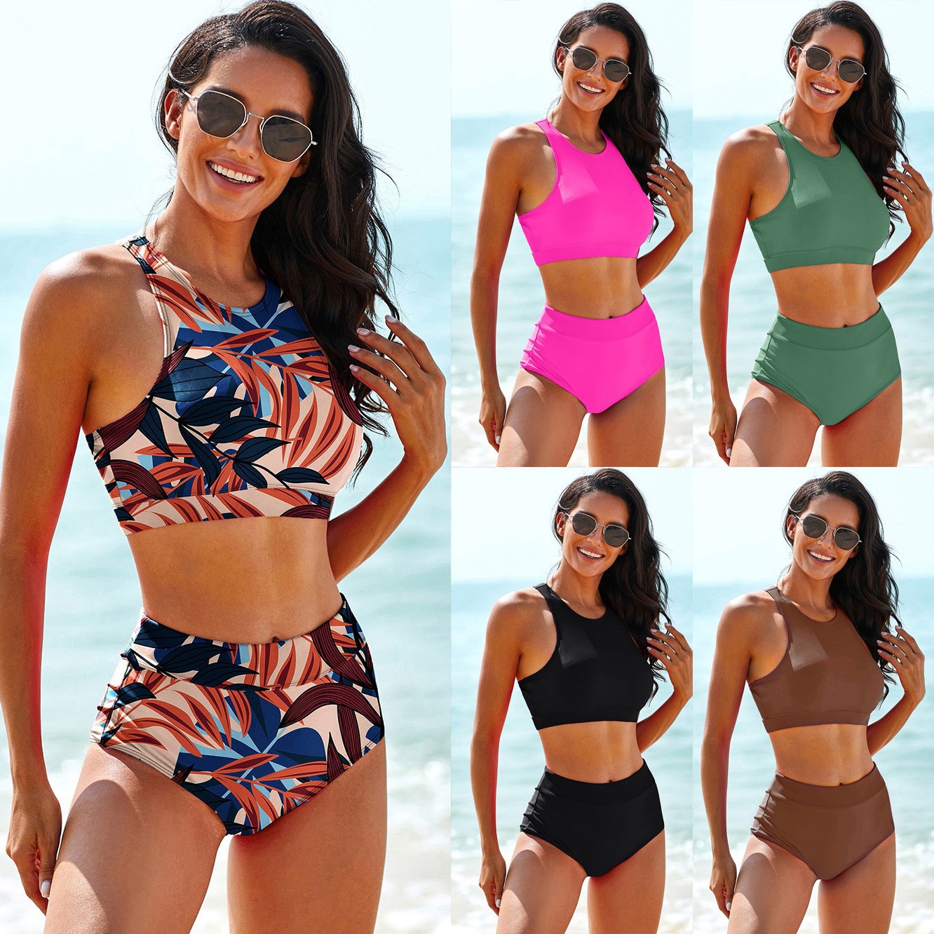 Crop Top Women - ชุดว่ายน้ำผู้หญิง สีพื้น ท็อปแทงกินีพิมพ์ลายทรอปิคอล ท็อปแทงกินีแบบครอป ชุดว่ายน้ำสองชิ้น กางเกงว่ายน้ำเอวสูง