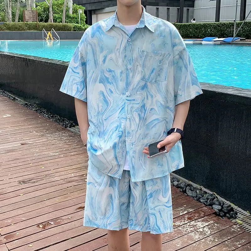 Tie Dye Two Piece - ชุดเสื้อเชิ้ตฮาวายลายไทダイสำหรับผู้ชาย เสื้อแขนสั้น กางเกงขาสั้น ชุดสองชิ้นสำหรับฤดูร้อน