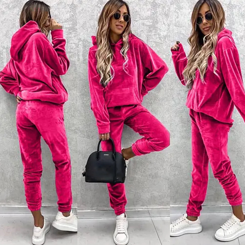 Hoodie Women Oversized - ชุดวอร์มฤดูใบไม้ร่วงฤดูหนาวสำหรับผู้หญิง ชุดสองชิ้น เสื้อฮู้ดโอเวอร์ไซส์ กางเกงขายาว ชุดกีฬาสีพื้น ชุดลำลอง