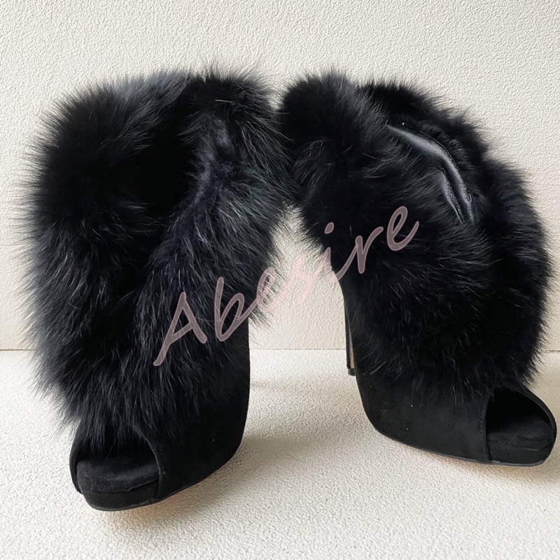 Women'S Fashion Boots - รองเท้าบูทสั้นเปิดนิ้วเท้า หนังกลับ สำหรับฤดูใบไม้ร่วง ส้นเข็มแบบสวม ขนเฟอร์ ส้นสูง