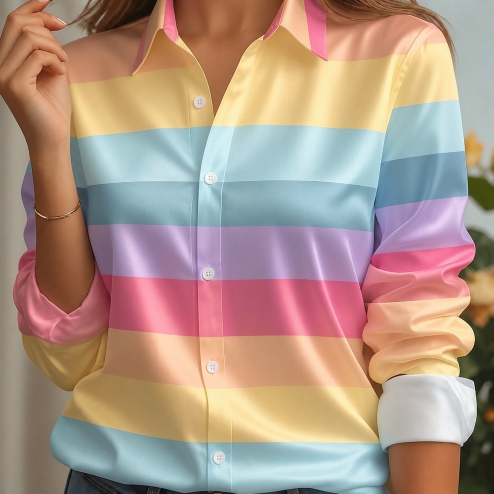 Women Fashion Styles - เสื้อเชิ้ตผู้หญิง ปกผ้าซาติน ลายทางพาสเทล แขนยาว ทรงหลวม สไตล์หรูหรา