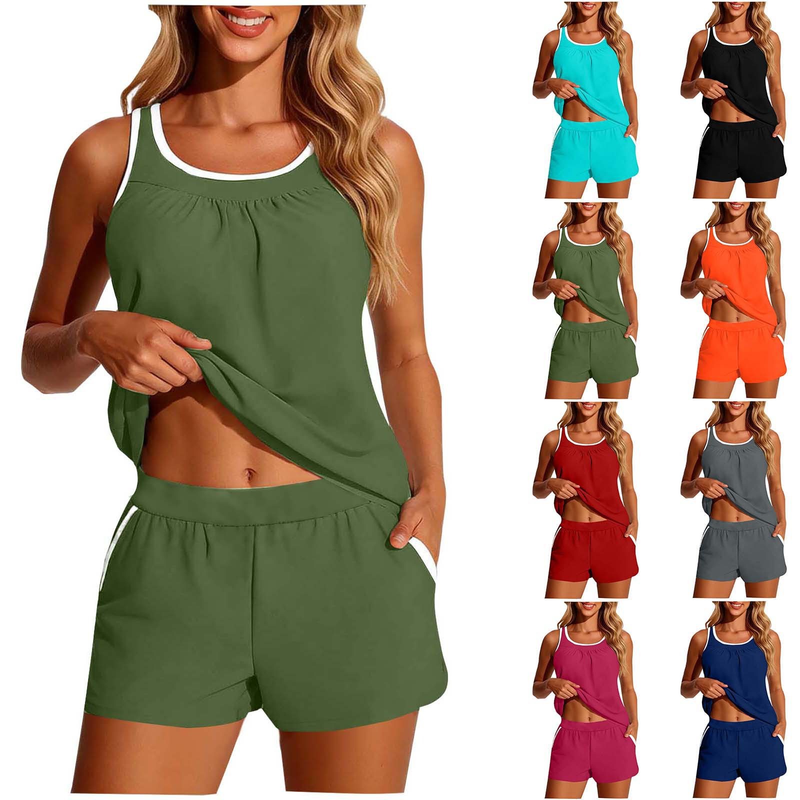 Crop Top Women - ชุดว่ายน้ำผู้หญิง 2 ชิ้น เสื้อครอปแขนกุด สีพื้น ชุดว่ายน้ำทูพีซ