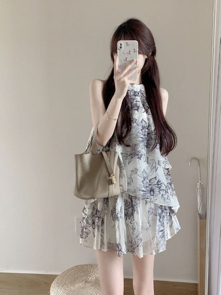 Tie Dye Two Piece - ชุดเซ็ตสองชิ้นเสื้อแขนกุดคอ halter ลายพิมพ์ภาพวาดหมึกสำหรับผู้หญิงฤดูร้อนปี 2026 พร้อมกระโปรงยาวระดับกลาง สไตล์หรูหราเก๋ไก๋