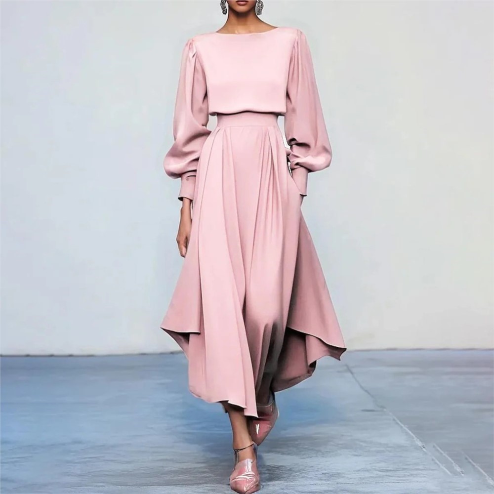 Women Fashion Pose - ผู้หญิงที่สง่างามฤดูใบไม้ร่วงแขนยาวสีชมพูชุดแฟชั่นเอวยางยืดเก๋ไม่สม่ำเสมอความยาวขนาดใหญ่โพสหญิงชุดปาร์ตี้
