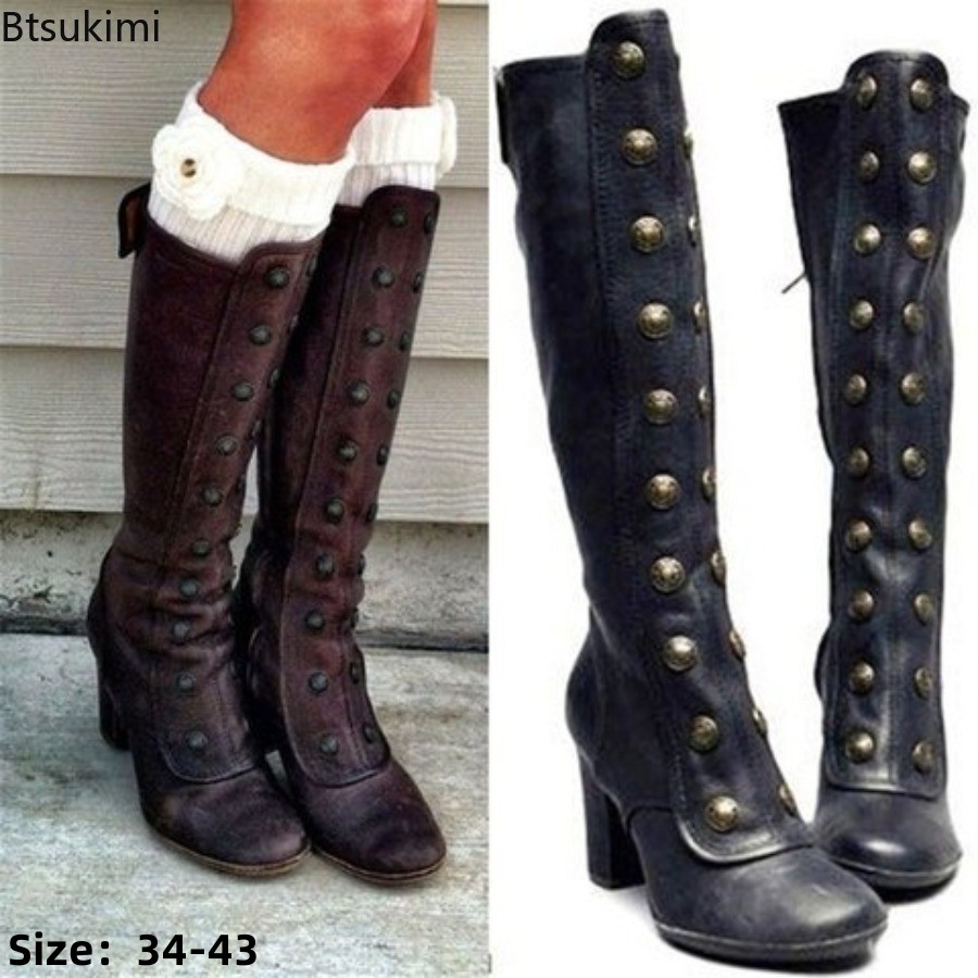 Winter Fashion Women Boots - รองเท้าบูทแฟชั่นสไตล์เรโทรสีดำ ตกแต่งหมุดโลหะ ส้นหนา ความยาวถึงเข่า แบบสวมสำหรับผู้หญิง รองเท้าบูทสไตล์อัศวิน