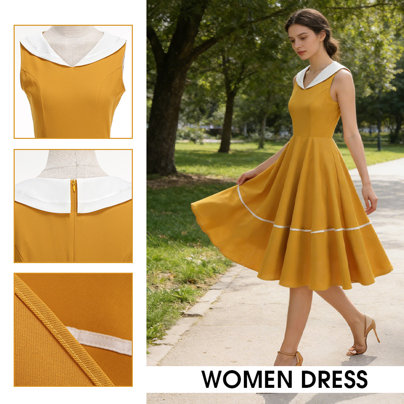 Women'S Fashion In The 50S - เดรสสไตล์เรโทรสีกรมท่า ฤดูร้อนแบบใหม่ แขนกุด ทรงเข้ารูป เอวสูง กระโปรงทรงสวิง
