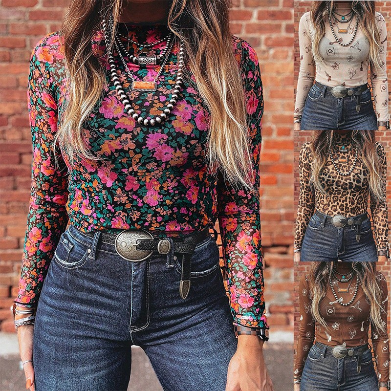 Women Fashion Styles - เสื้อยืดแขนยาวคอเต่าตาข่ายสไตล์โบฮีเมียนสำหรับผู้หญิง ทรงเข้ารูป ใส่สบาย เหมาะสำหรับฤดูใบไม้ร่วง
