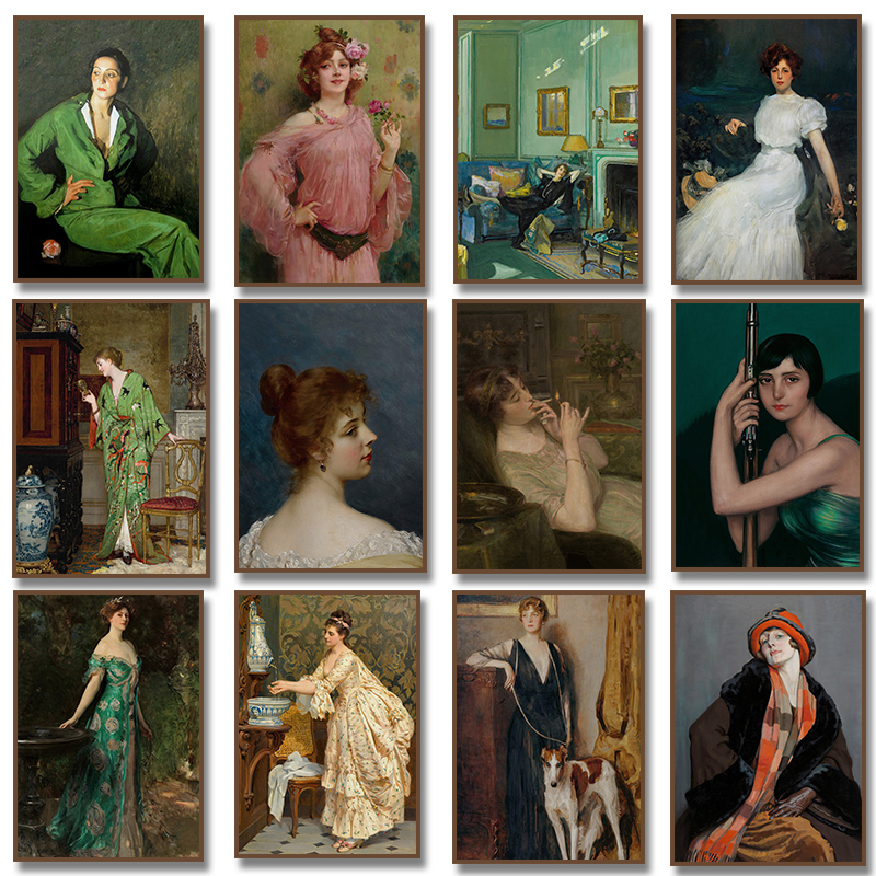Women'S Fashion Victorian - ภาพพิมพ์ผ้าใบสไตล์วินเทจ ภาพวาดผู้หญิงยุคเรอเนซองส์ กำลังสูบบุหรี่ งานศิลปะตกแต่งผนังห้องนั่งเล่น ของตกแต่งบ้าน