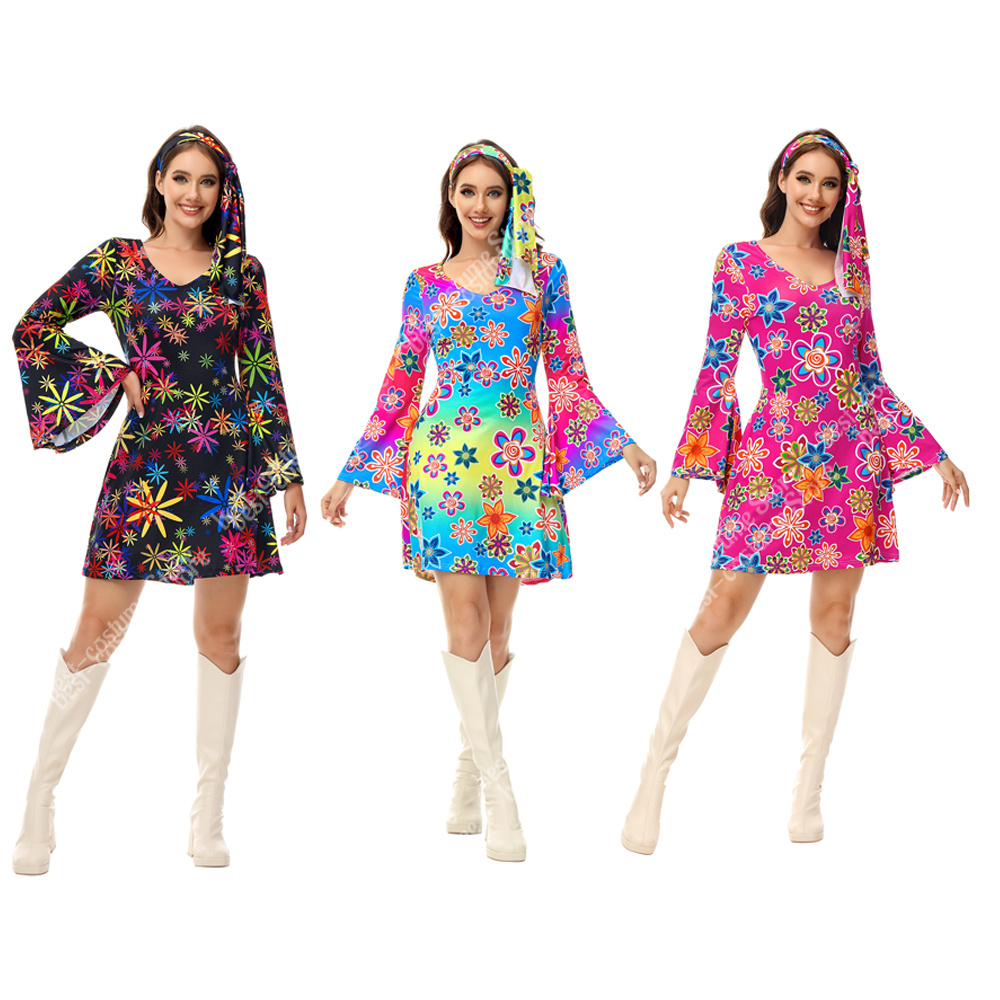 Women'S Fashion From The 70S - ชุดเดรสดิสโก้70S สำหรับผู้หญิงพิมพ์ลายสีสันสดใสชุดฮาโลวีนฮิปปี้คอสตูมผู้หญิงชุดเดรสปาร์ตี้ XS-3XL ขนาดใหญ่พิเศษ