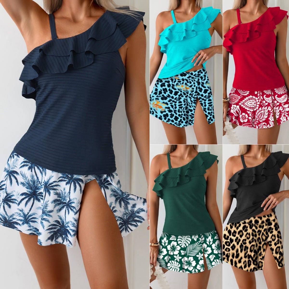 Crop Top Women - ชุดว่ายน้ำทังกินี่ผู้หญิง แบบเสื้อครอปแขนกุด แต่งระบาย ผ้าริบ ชุดทังกินี่ลายเสือดาว กระโปรงทรงเอ