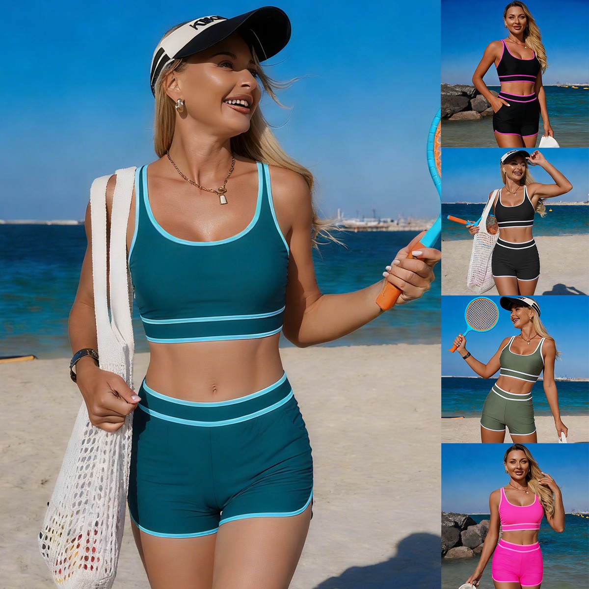 Crop Top Women - บิกินี่สีเขียวมะกอก เสื้อครอปแขนกุด กางเกงขาสั้นเอวสูง บิกินี่สีเขียวอมฟ้า ชุดว่ายน้ำทูพีซสีดำแบบครอปสั้น ชุดว่ายน้ำสีชมพู