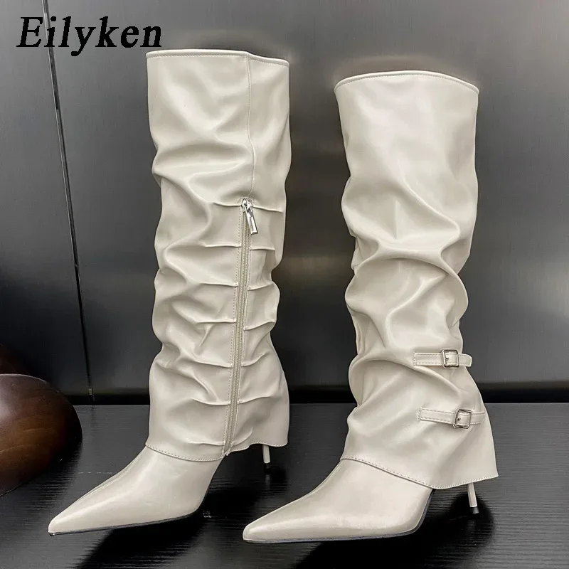 Winter Fashion Women Boots - อีลิเคนแฟชั่นรองเท้าบูทสูงถึงเข่าแบบจีบสำหรับผู้หญิง ปลายแหลม ส้นสูงบาง ซิป รองเท้าผู้หญิง ฤดูใบไม้ร่วง