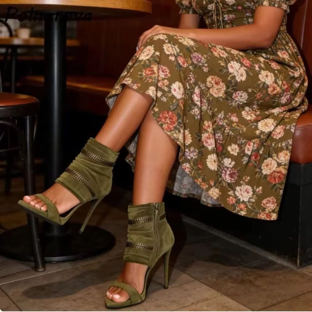 Women'S Fashion Boots - รองเท้าบูทแบบสวมเปิดนิ้วเท้าสีเขียวหนังกลับ แต่งซิป สายรัดแบบตรง รองเท้าสำหรับงานปาร์ตี้ แบบโปร่ง สีเขียว