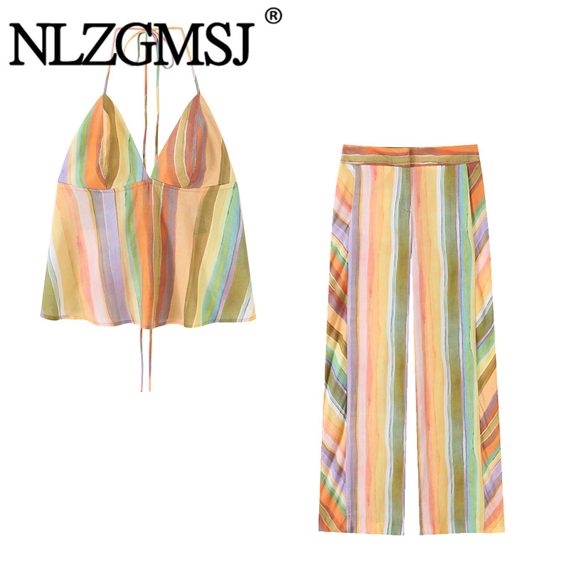 Tie Dye Two Piece - Nlzgmsj 2026 ชุดลำลองผู้หญิง เสื้อกล้ามสายเดี่ยวลายสายรุ้ง คอวีลึก ผูกด้านหลัง