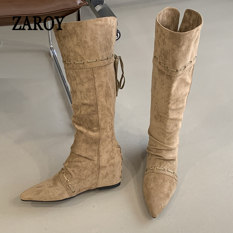 Winter Fashion Women Boots - รองเท้าบูทผู้หญิง ZAROY สำหรับฤดูหนาว แฟชั่นแบบผูกเชือก ส้นเตารีด ปลายแหลม