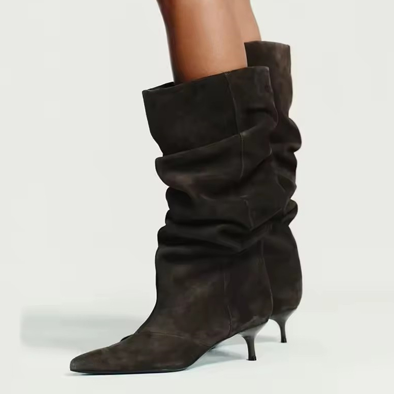 Winter Fashion Women Boots - รองเท้าบูทสูงถึงเข่าแบบจีบหนังกลับสไตล์รันเวย์ของ Liyke สำหรับผู้หญิง สีน้ำตาล สไตล์เรโทร หัวแหลม