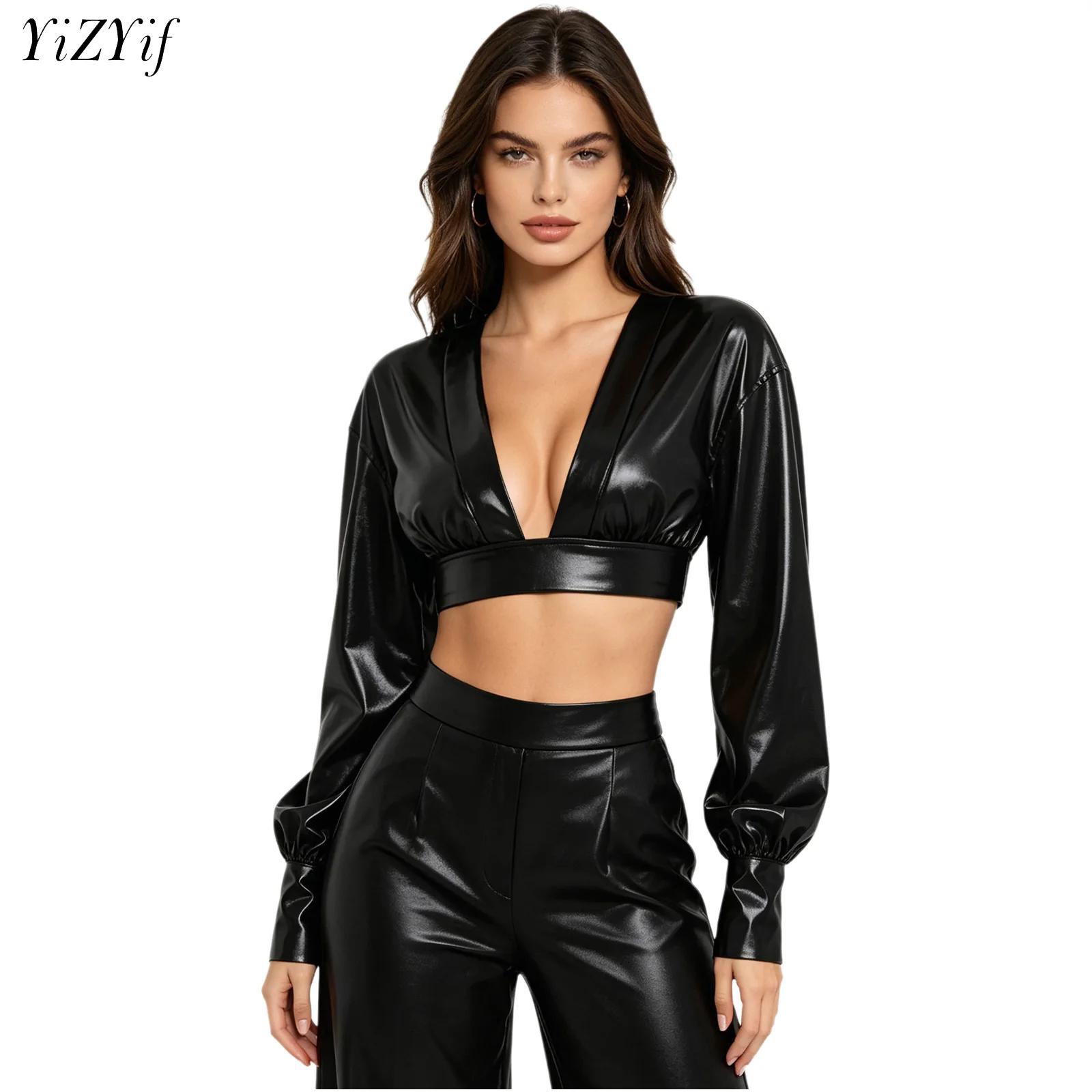 Crop Top Women - เสื้อครอปท็อปผู้หญิงสไตล์ Y2K ผ้าเมทัลลิกเงา แนวฮิปฮอป คอลึก แขนยาวทรงบอลลูน