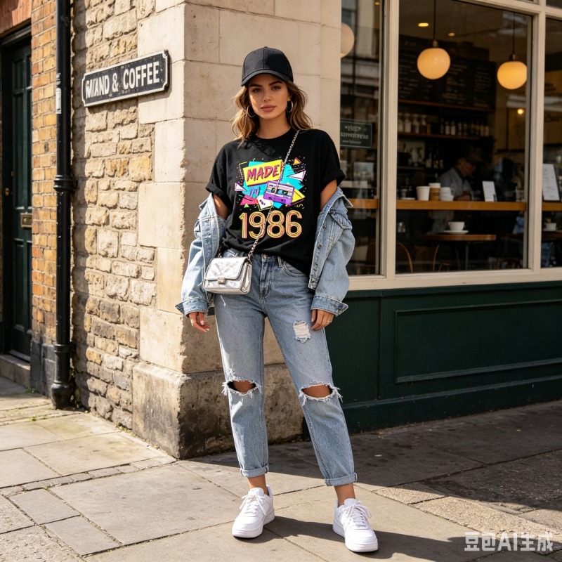 เสื้อยืดลายกราฟิกสไตล์เรโทรยุค - Women Fashion 80S บทวิจารณ์และราคา