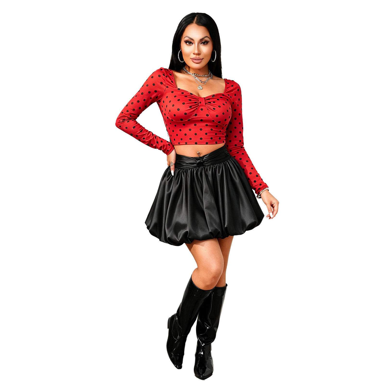 เสื้อครอปแขนยาวลายจุดสำหรับผู้ - Crop Top Women บทวิจารณ์และราคา