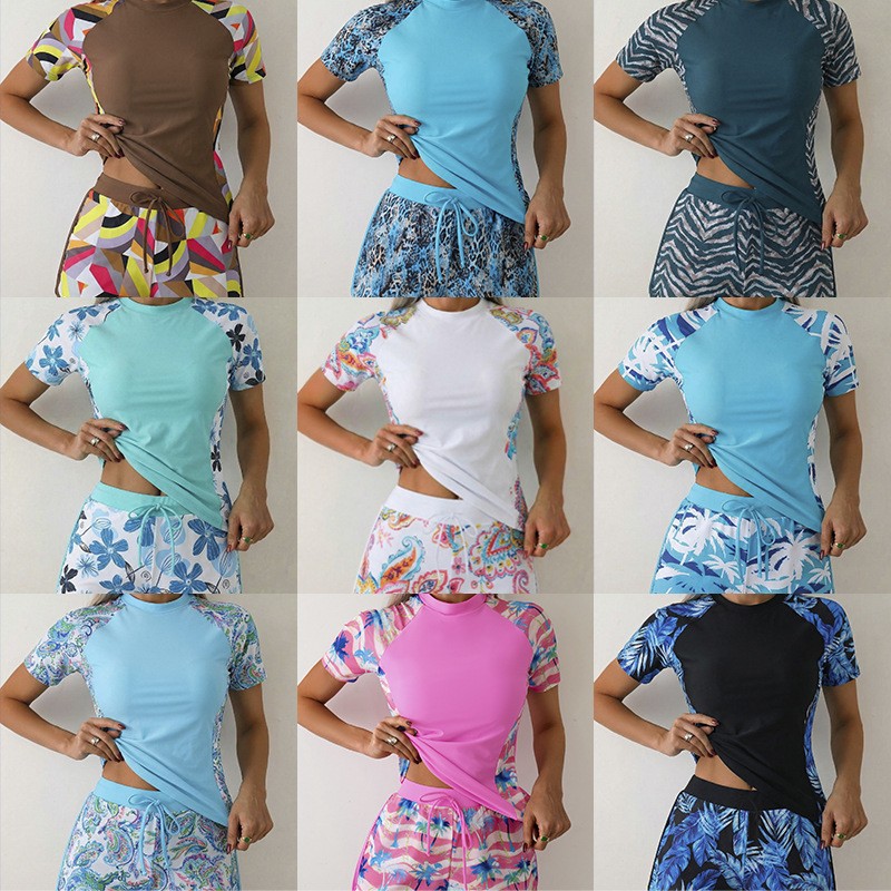 ชุดว่ายน้ำทูพีซลายดอกไม้สีฟ้า  - Crop Top Women บทวิจารณ์และราคา